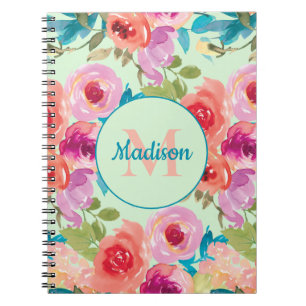 Rosa lila Blumen Teal Blätter Mint Monogramm Notizblock