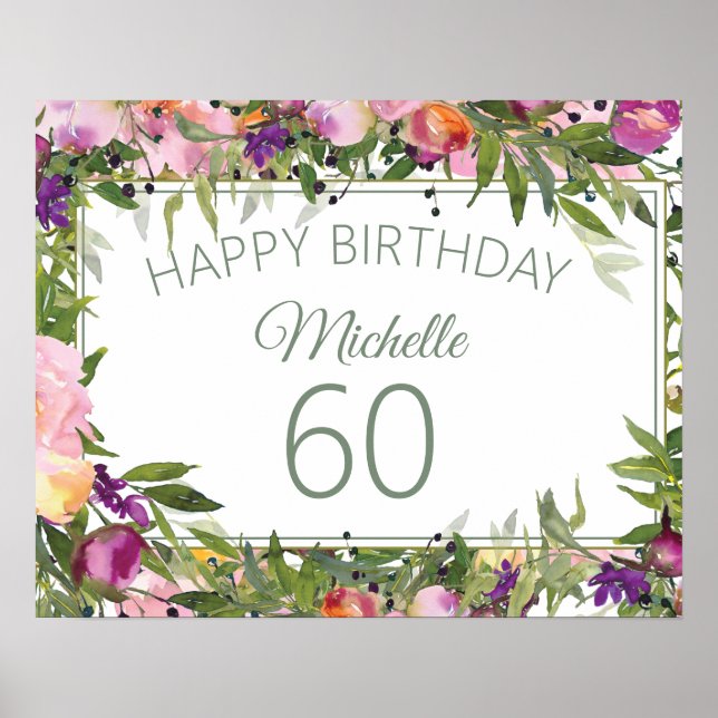 Rosa Lila Blumengrün Blätter 60. Geburtstag Poster (Vorne)
