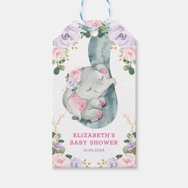 Rosa Lila Blumengrün Elephant Babydusche Geschenkanhänger (Vorderseite)