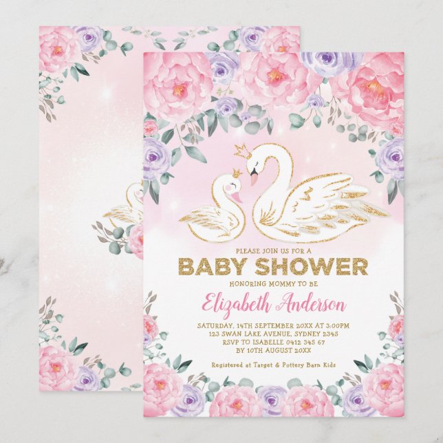 Rosa Lila Blumenschwan Princess Babydusche Einladung (Vorne/Hinten)