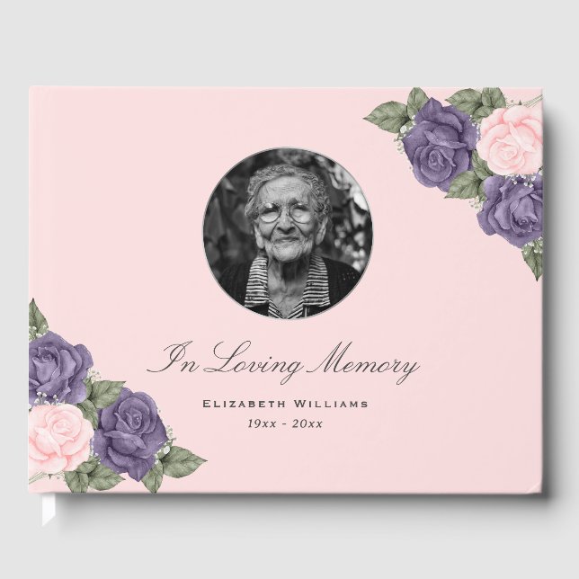 Rosa Lila Blüte in Love Memory Beerdigung Foto Gästebuch (Vorderseite)