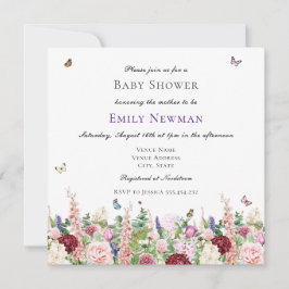 Rosa Lila Blüten und Schmetterlinge | Babydusche Einladung
