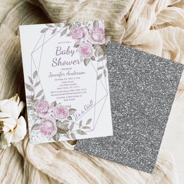Rosa Lila Blütensilber Glitzer Girl Babydusche Einladung (Von Creator hochgeladen)