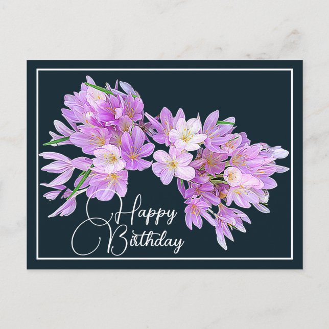 Rosa/Lila Crocus Grau Hintergrund Happy Birthday Postkarte (Vorderseite)