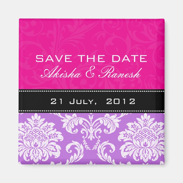 Rosa lila Damast-Save the Date Magnet (Vorne)