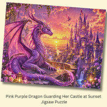 Rosa lila Drache bewacht ihr Schloss bei Sonnenunt
