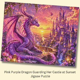Rosa lila Drache bewacht ihr Schloss bei Sonnenunt