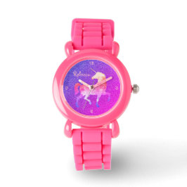 Rosa Lila Einhorn-Glitzer Name Armbanduhr