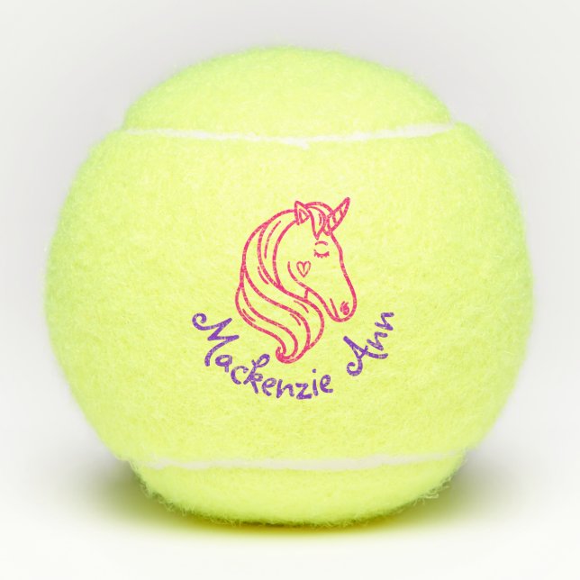 Rosa Lila Einhorn Niedliche Personalisierte Kinder Tennisbälle (Vorderseite)