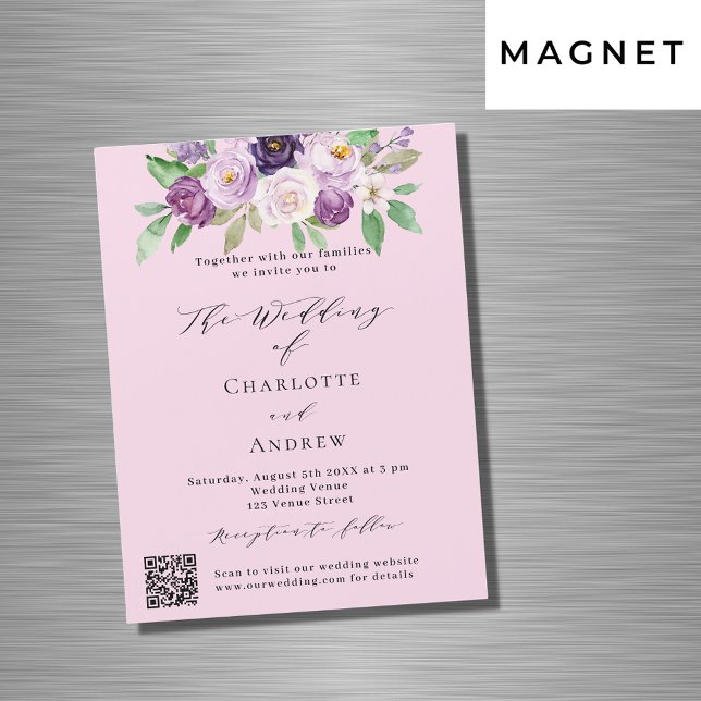 Rosa lila Flora QR Details UAWG Luxushochzeit Magneteinladung (Von Creator hochgeladen)