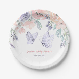 Rosa Lila Floral Butterfly Girl Babydusche Pappteller