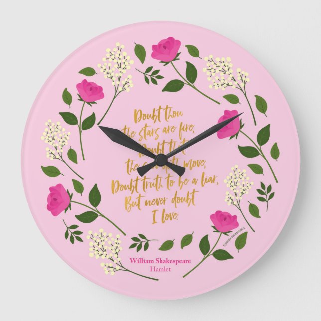 Rosa Lila Floral William Shakespeare nie Zweifel Große Wanduhr (Vorderseite)