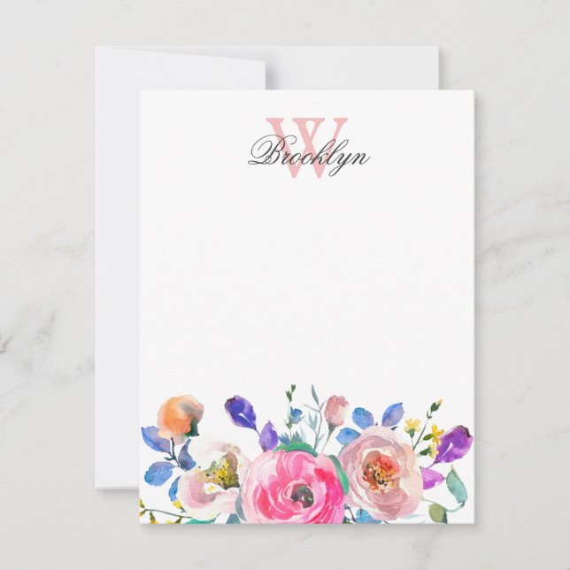 Rosa Lila, florale Aquamarine Blätter Mit Monogram Mitteilungskarte (Vorderseite)