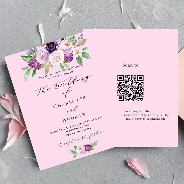 Rosa lila Florale QR Budget Einladung zur Hochzeit (Von Creator hochgeladen)
