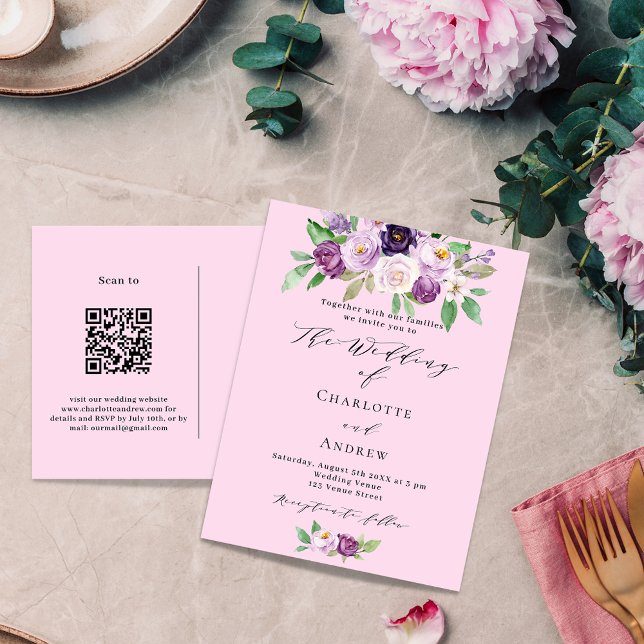 Rosa lila Florale QR-Code Details UAWG Hochzeit Einladungspostkarte (Von Creator hochgeladen)