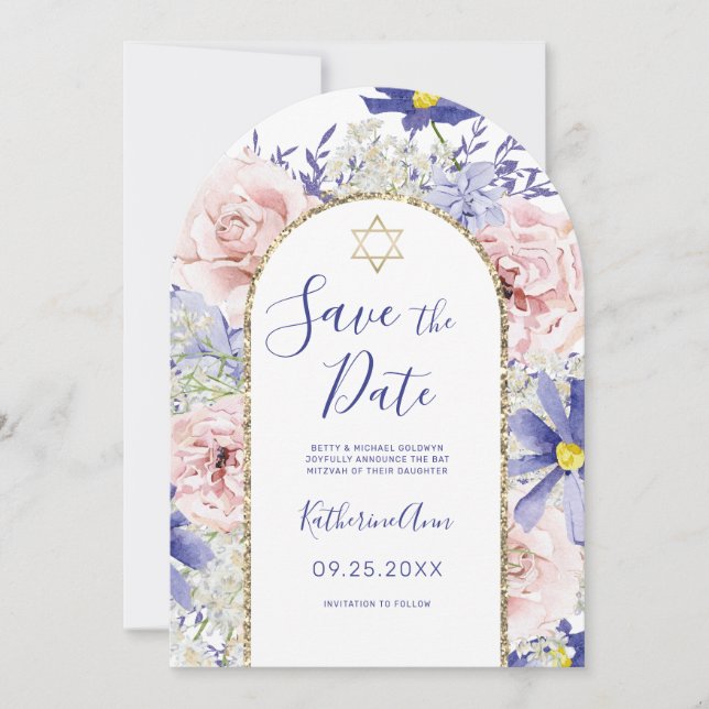 Rosa Lila florales Gold Bat Mitzvah Save the Date Einladung (Vorderseite)