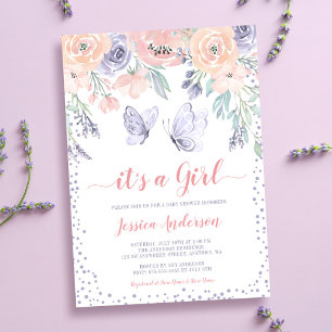 Rosa lila florales Schmetterling Mädchen Baby Show Einladung
