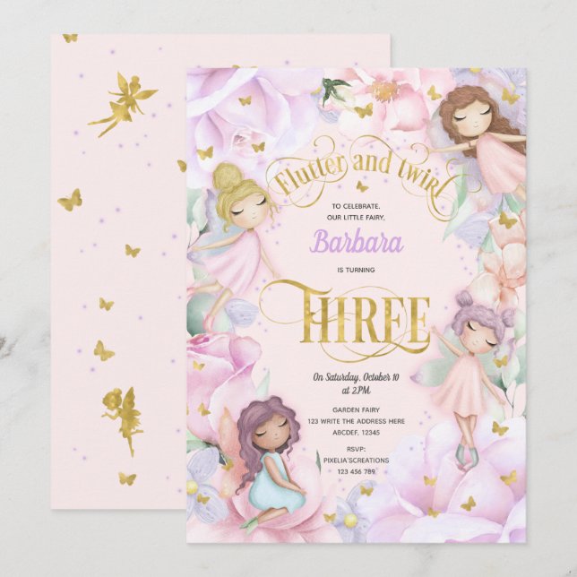 Rosa lila Gartenzauberfee, 3. Geburtstag Einladung (Vorne/Hinten)