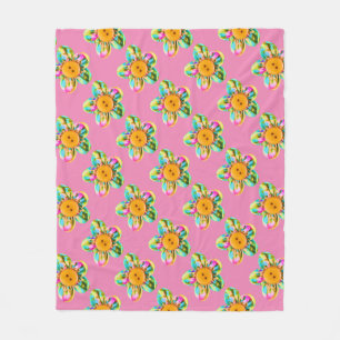Rosa, lila, gelbe Blumen auf weichem Rosa Fleecedecke