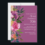 Rosa Lila Gelbe Blüte 50. Geburtstag Einladung<br><div class="desc">Elegante 50. Geburtstagsfeier für Frauen mit farbenfrohen rosa,  lila und gelben Blume und Blättern auf einem koordinierten lila Hintergrund. Kontaktieren Sie mich für Hilfe bei der Anpassung oder für die Abstimmung oder Koordination von Zazzle Produkten.</div>