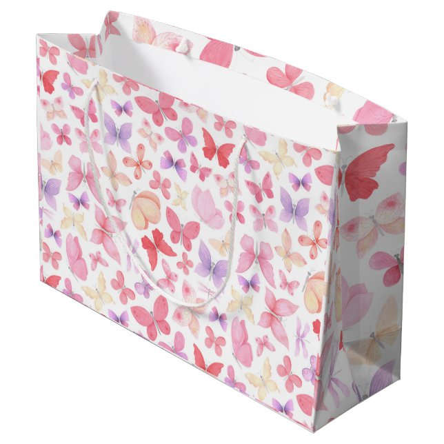 Rosa Lila-Gelbe Schmetterlinge Kinderdusche Große Geschenktüte (Rückseite Schrägansicht)