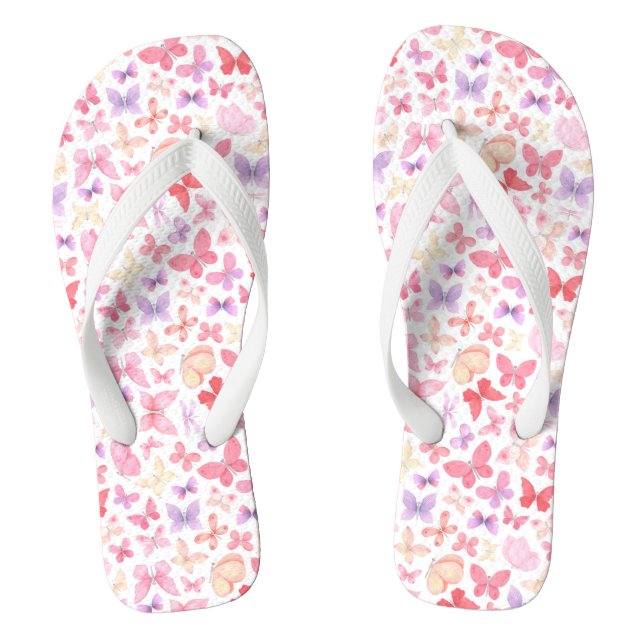 Rosa Lila Gelbe Schmetterlinge Pastellfarben Flip Flops (Fußbett)