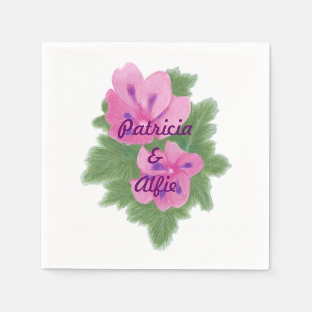 Rosa Lila Geranien Personalisiert Hochzeit Napkins Serviette (Vorderseite)