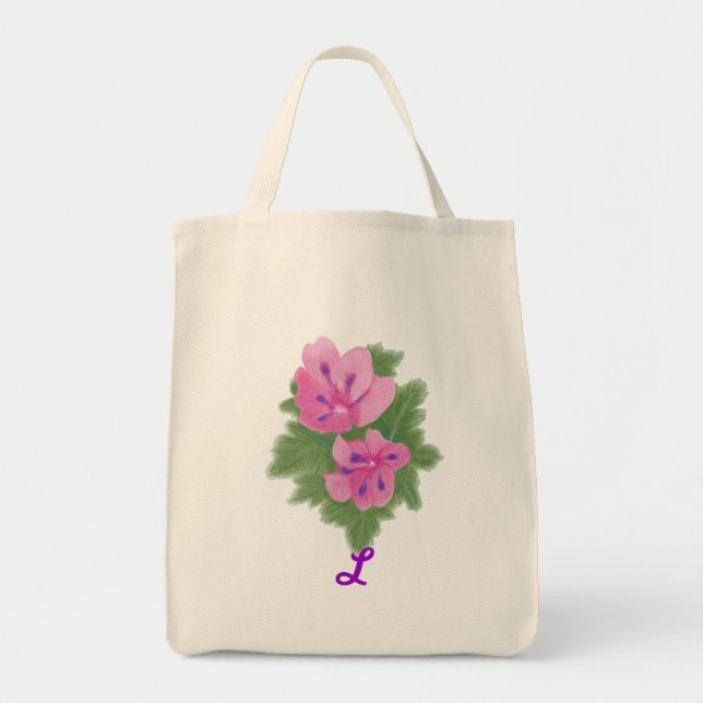 Rosa Lila Geranium-Monogramm-Hochzeitsskala-Traget Tragetasche (Vorne)