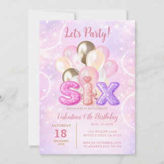 Rosa lila Glitter-Sechs-Ballon-Geburtstagsfeier Einladung