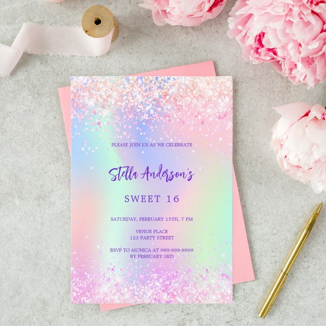 Rosa lila Glitzer holografischer Sweet 16 Einladung (Von Creator hochgeladen)