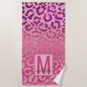 Rosa Lila Glitzer Leopard Animal Print Monogram Strandtuch