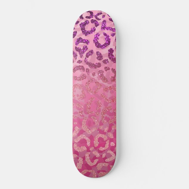 Rosa Lila Glitzer Leopard Tierdruckleuchte Skateboard (Vorderseite)