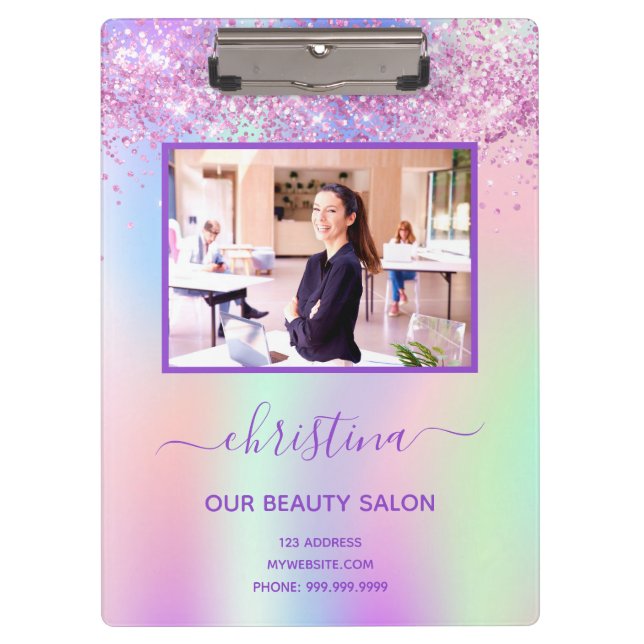 Rosa lila Glitzer Schönheitssalon Foto Business Klemmbrett (Vorderseite)