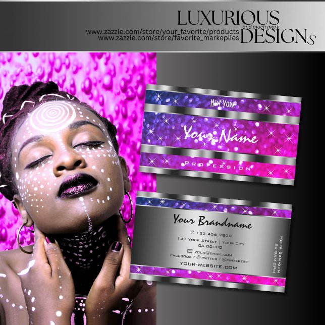 Rosa Lila Glitzer Sterne Silberdekoration Visitenkarte (Von Creator hochgeladen)