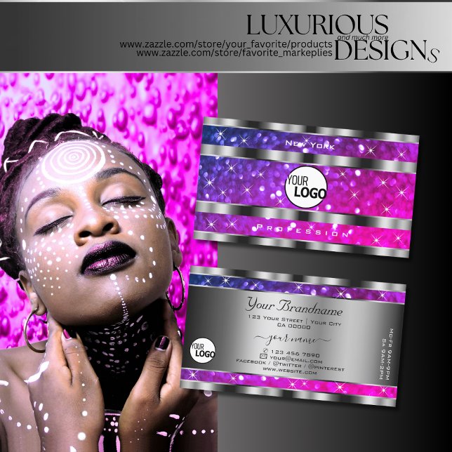 Rosa Lila Glitzer Sterne Silver Decoder hinzufügen Visitenkarte (Von Creator hochgeladen)