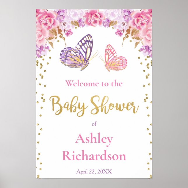 Rosa lila Gold Butterfly Babydusche Poster (Vorne)