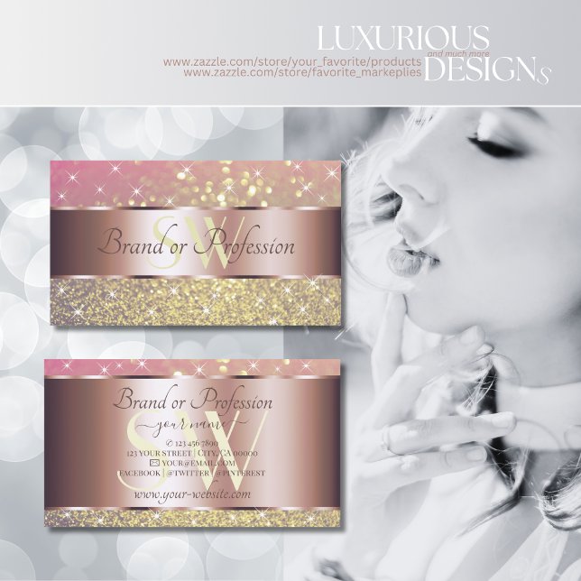 Rosa Lila Gold Glitzer Stars Monogram Rose Gold Visitenkarte (Von Creator hochgeladen)