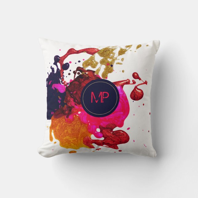 Rosa Lila-Gold-Spritzer-Monogramm Kissen (Vorderseite)