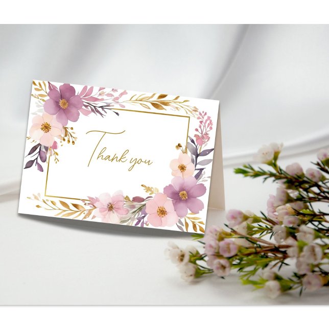 Rosa Lila goldbläsernes Brautparty Dankeskarte (Pink purple gold watercolor floral bridal shower wedding thank you card)