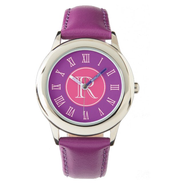 Rosa, lila grafische Monogrammmädchen sehen zu Armbanduhr (Vorderseite)