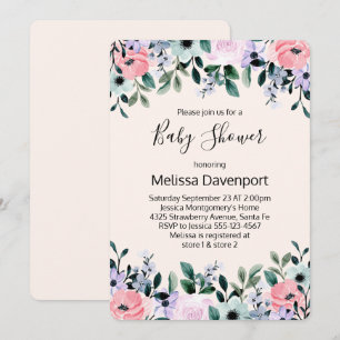 Rosa Lila Grün Aquarell Blumen Baby Shower Einladung