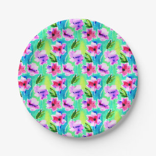 Rosa, lila, grüne und blaue Wasserfarben-Blumen Pappteller