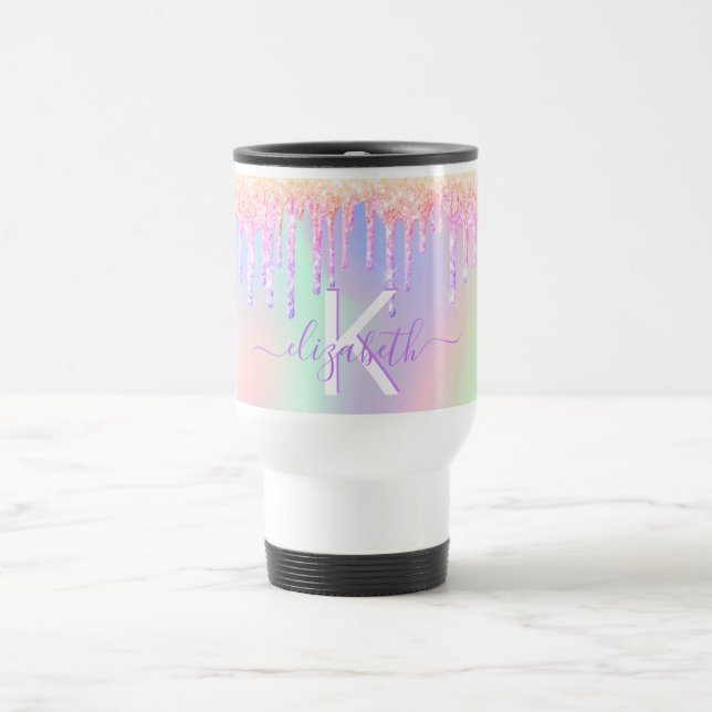 Rosa lila holografische Bezeichnung Monogramm Reisebecher (Mittel)