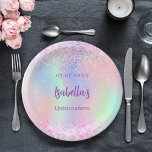 Rosa lila holografische Glitzern Quinceanera Pappteller<br><div class="desc">Ein gürtnisch angesagter holografischer Hintergrund in Rosa,  lila,  Minzgrün. Dekoriert mit Imitaten Glitzern. Personalisieren und fügen Sie einen Namen und Alter.</div>