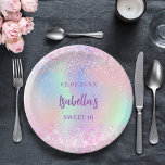Rosa lila holografische Glitzern Süß 16 Pappteller<br><div class="desc">Ein gürtnisch angesagter holografischer Hintergrund in Rosa,  lila,  Minzgrün. Dekoriert mit Imitaten Glitzern. Personalisieren und fügen Sie einen Namen und Alter.</div>