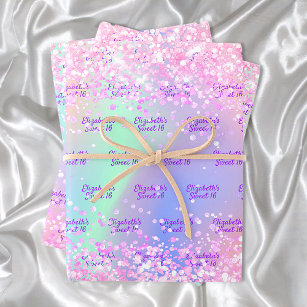 Rosa lila holografischer Name Confetti Sweet 16 Geschenkpapier Set