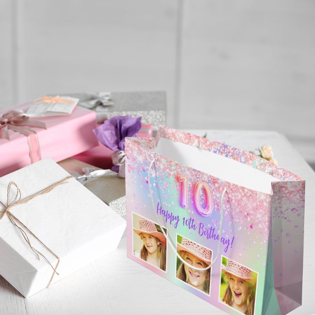 Rosa lila holografisches Foto 10. Geburtstag Große Geschenktüte (Von Creator hochgeladen)