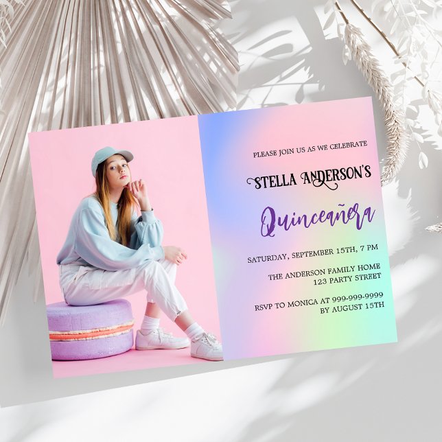 Rosa lila holografisches Foto Quinceanera Einladung (Von Creator hochgeladen)