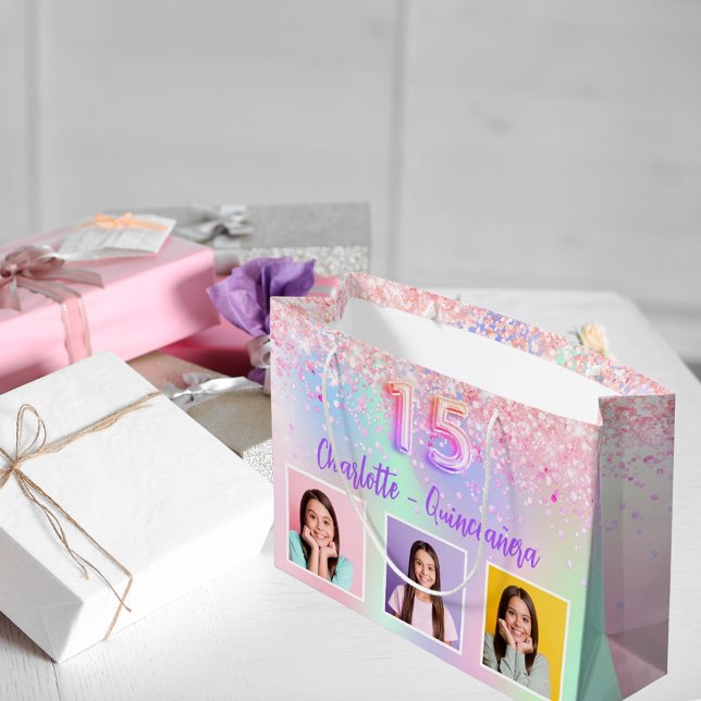 Rosa lila holografisches Foto Quinceanera Große Geschenktüte (Von Creator hochgeladen)