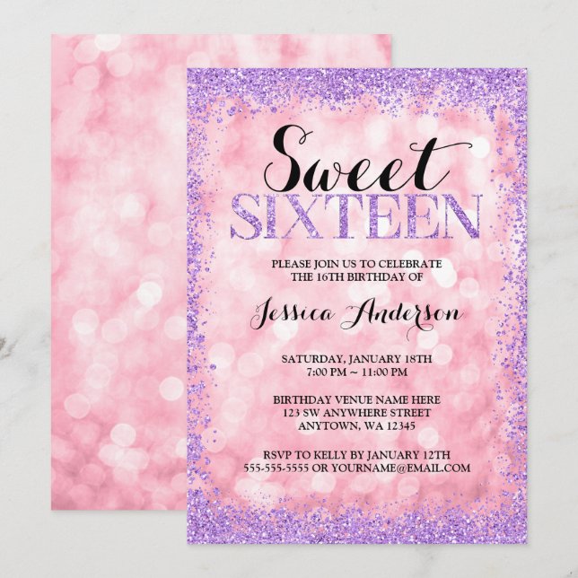 Rosa Lila Imitate Glitzer Lights Sweet 16 Geburtst Einladung (Vorne/Hinten)